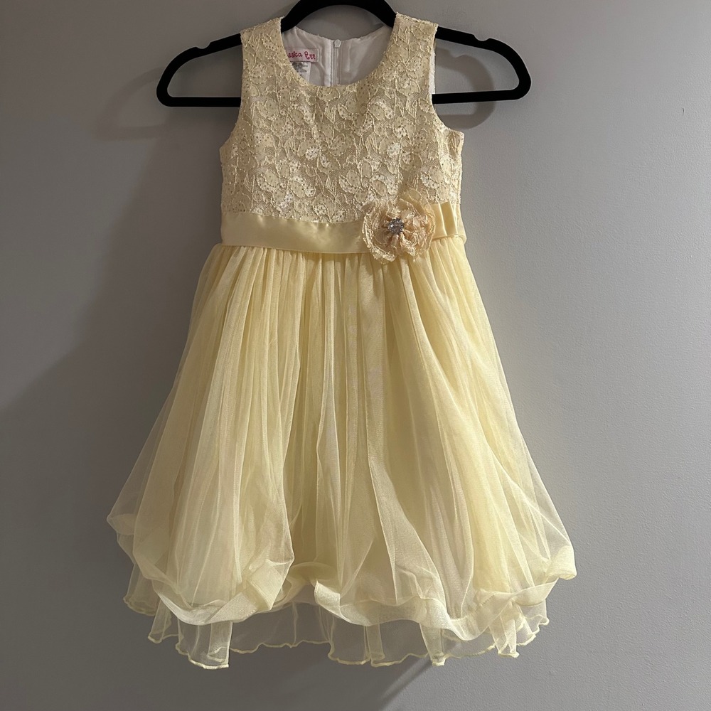 Jessica Ann Tulle Lace Dress Girls 6X Yellow Excellent‎ Glitter Flower Accent
